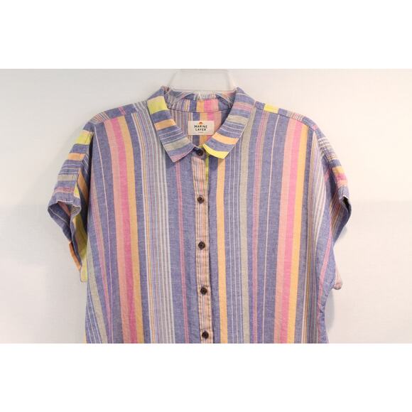 Marine Layer Top Womens L Linen Blend Short Sleeve Striped Button Up Cap Sleeve - Picture 2 of 9
